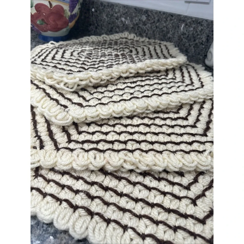 Vintage Placemats yarn crochet kitchen(4 total) Brown and Beige handmade Thick